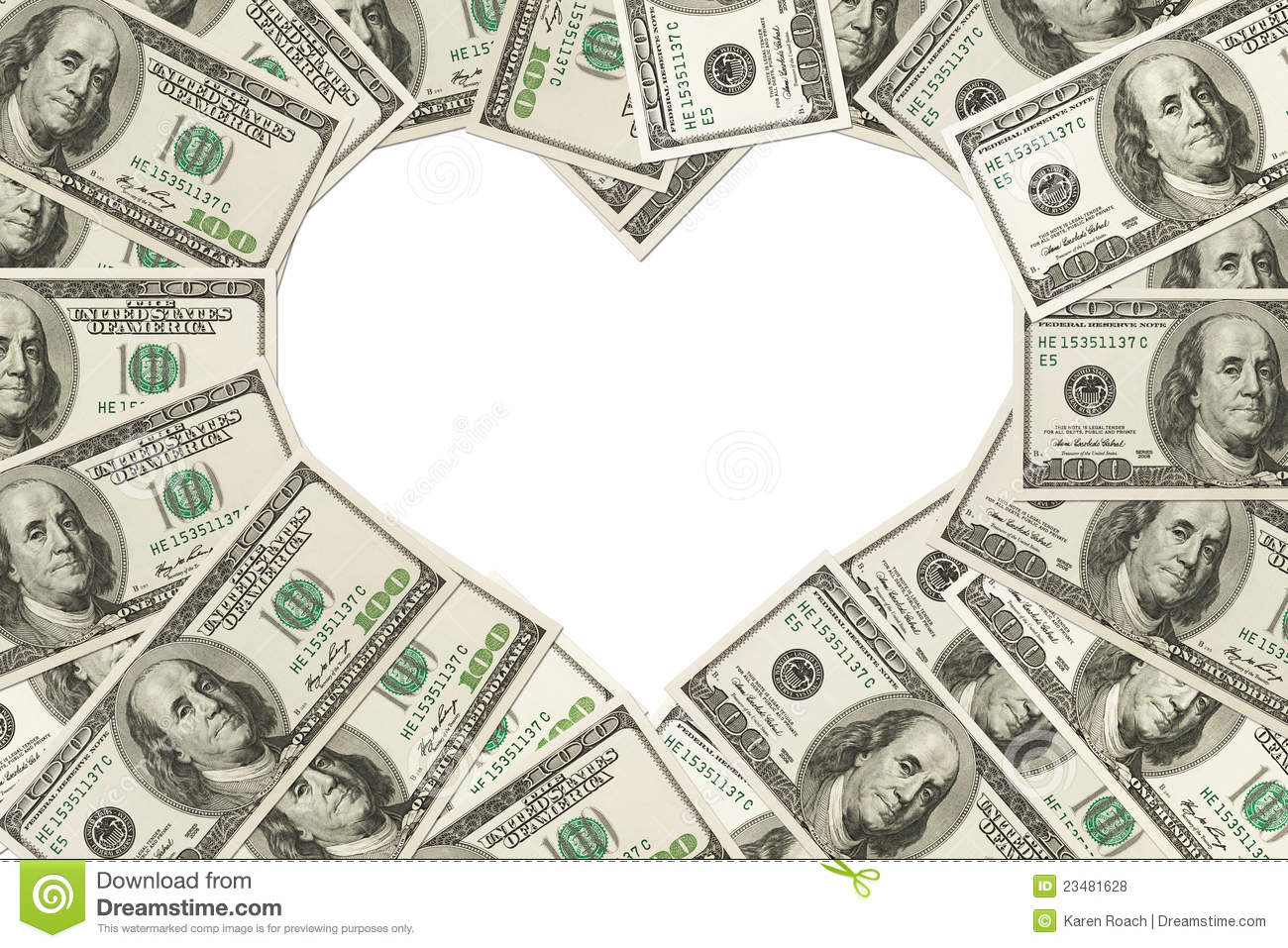 A heart composed of 100 dollar bills