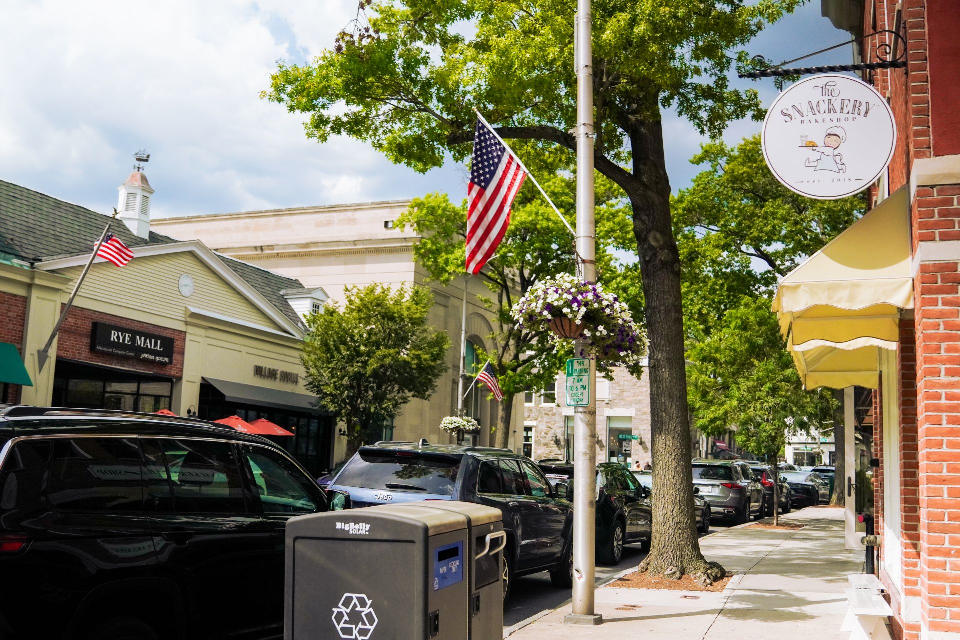 A view of flowers and trees on the avenue in Rye, New York