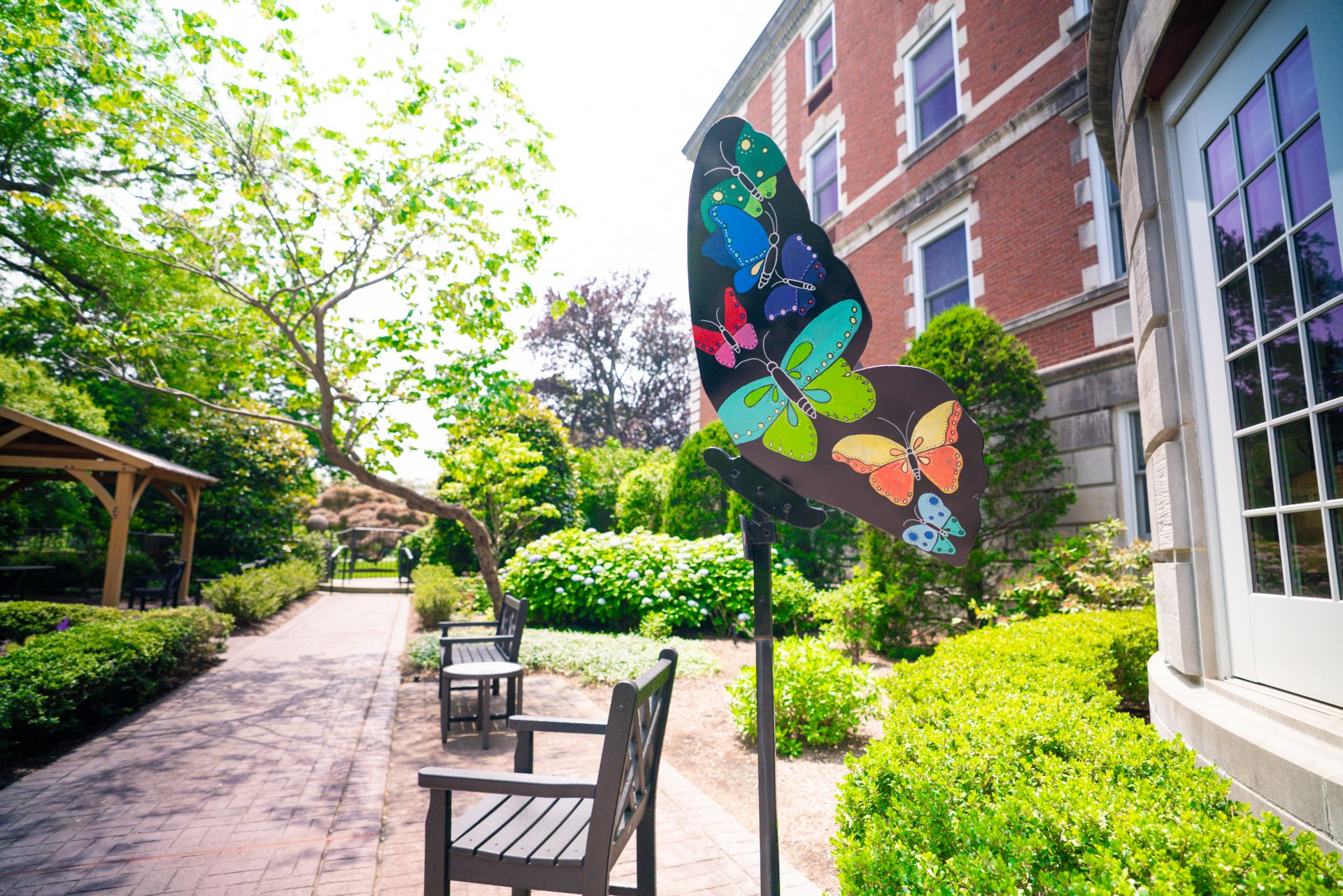 A butterfly sculpture in The Osborn's memory garden